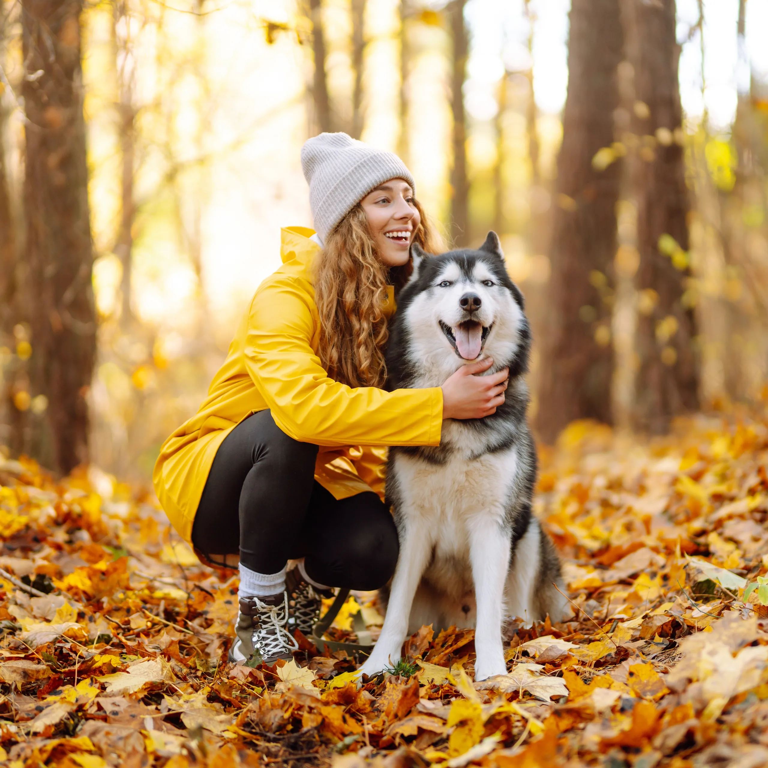 Woman with dog in fall forest 